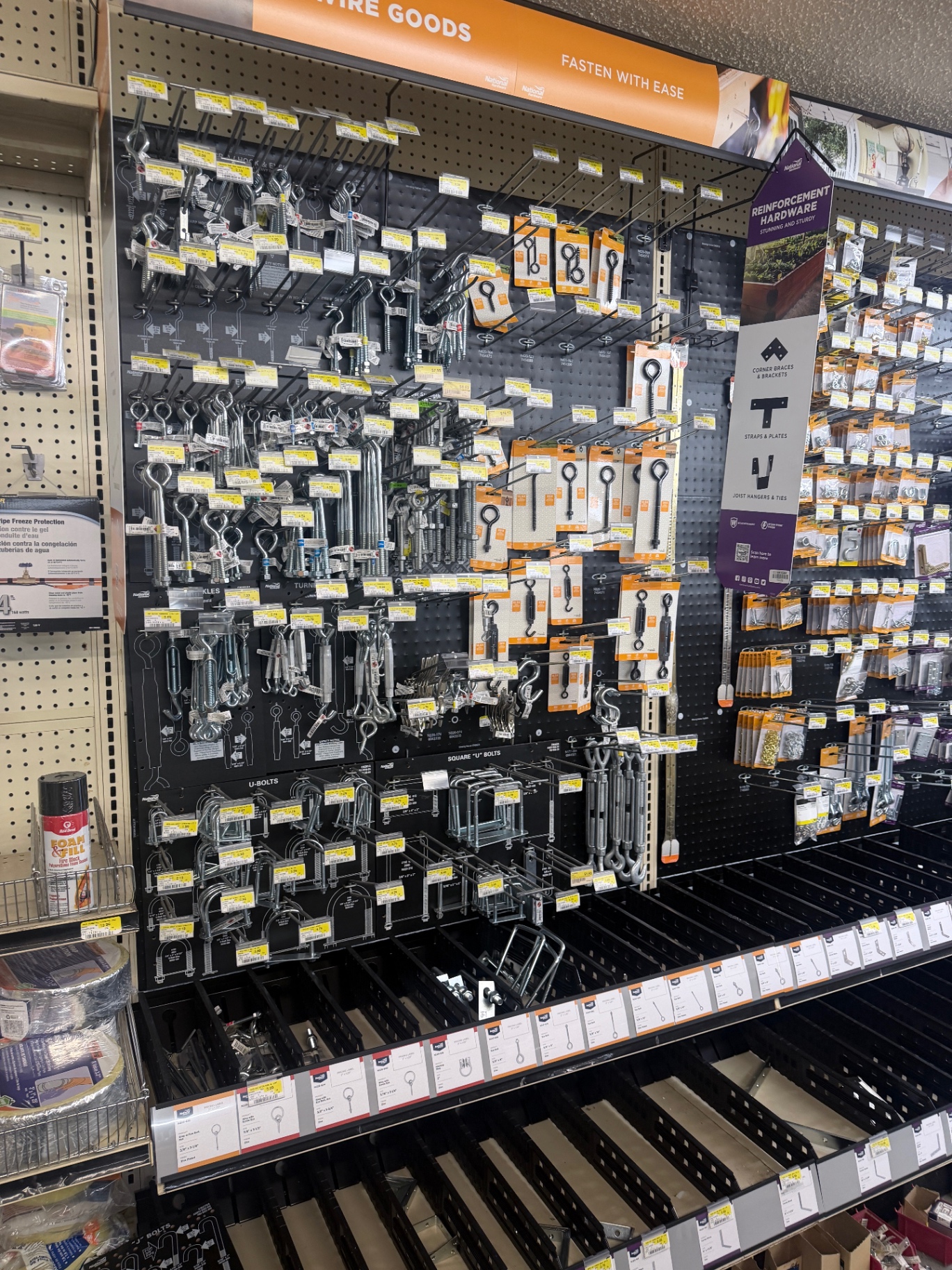 Pegboard of U-bolts, eye bolts, turnbuckles and reinforcement hardware