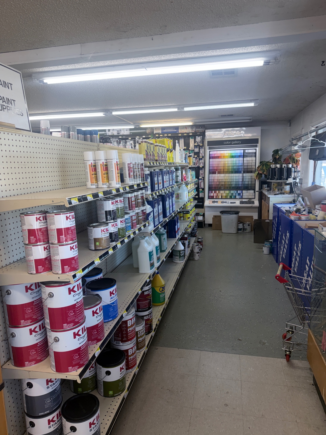 Paint aisle with KILZ primers, spray cans and Valspar color gallery