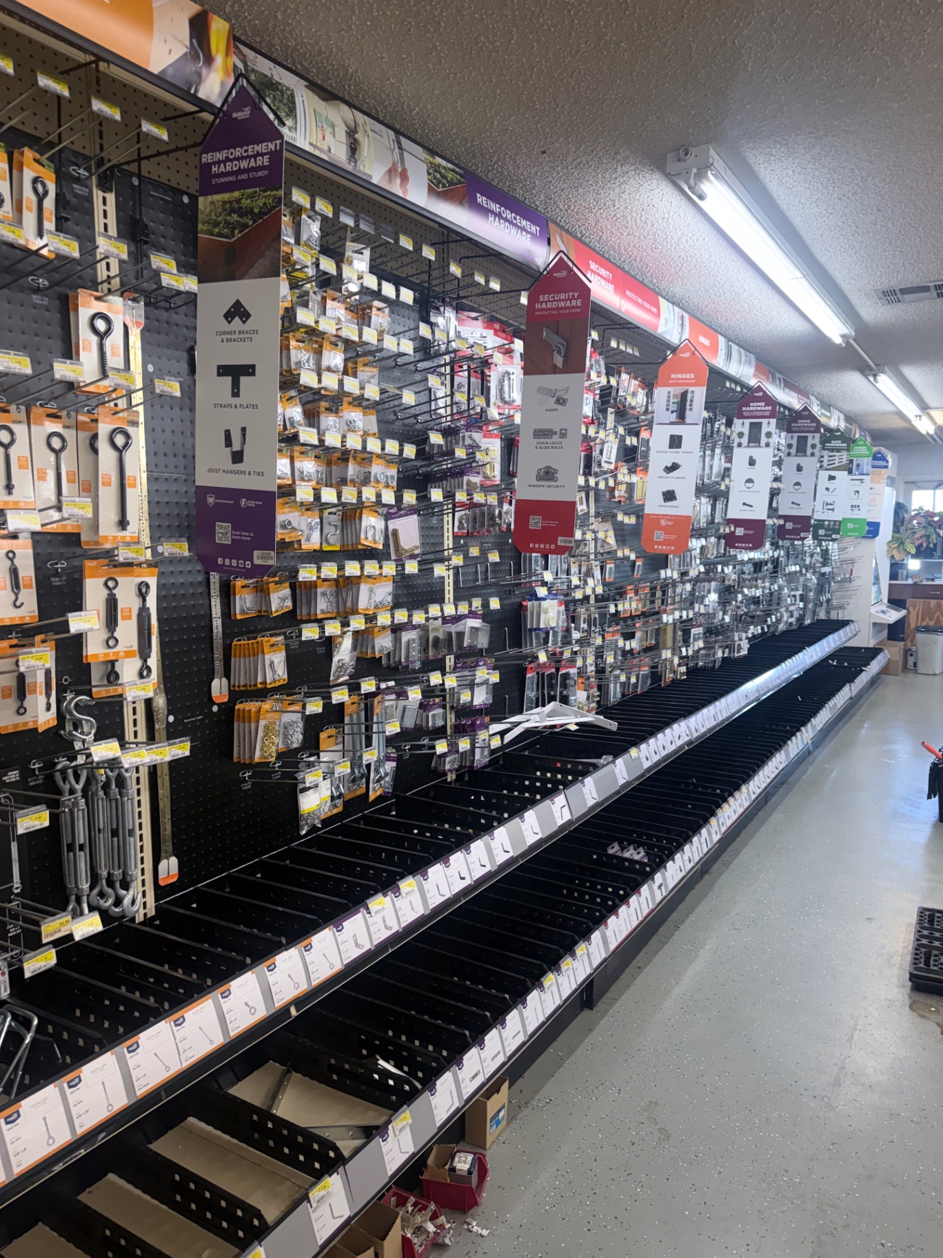 Long aisle of reinforcement hardware, brackets, hooks and hangers