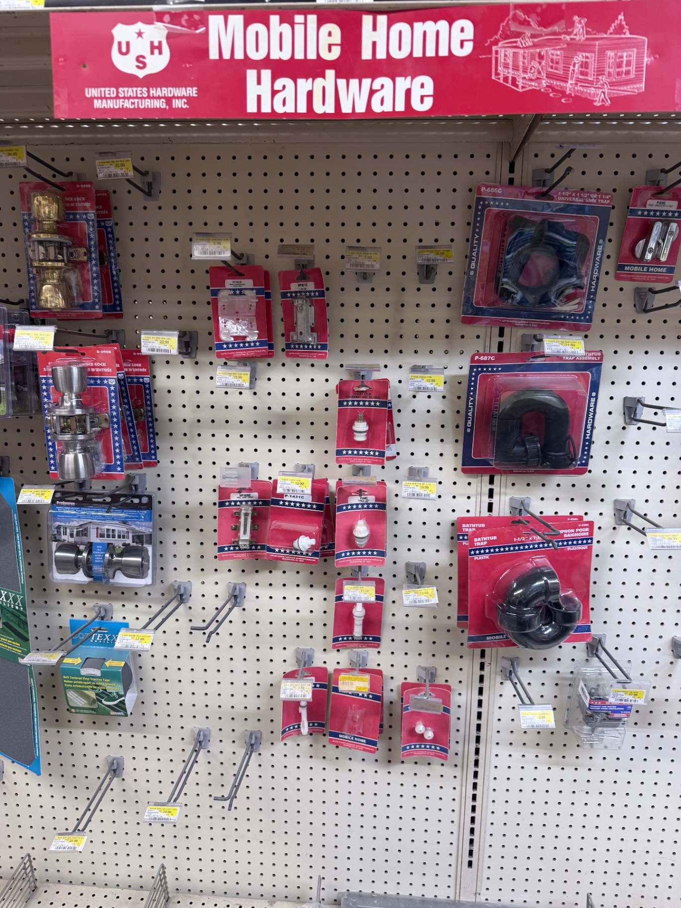 Mobile home hardware section with door locks, traps and specialty parts