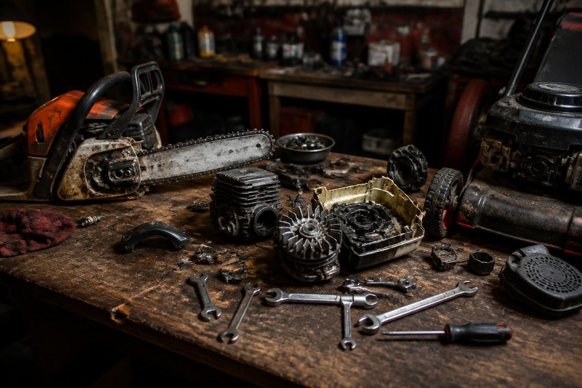 Chainsaw and lawn mower parts laid out on a small engine repair workbench